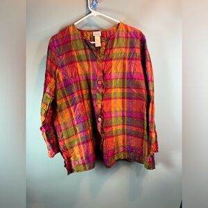Jennifer George Sketchbook Women’s Pink/orange Plaid Button Up Shirt 100% Silk M